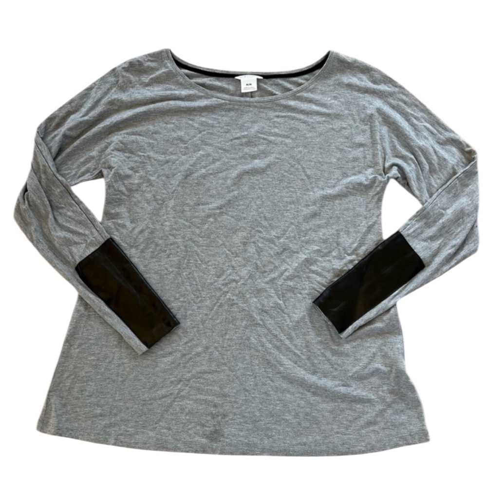 Club Monaco Grey Jersey Long Sleeve Top with Black Leather Accents, Size Medium